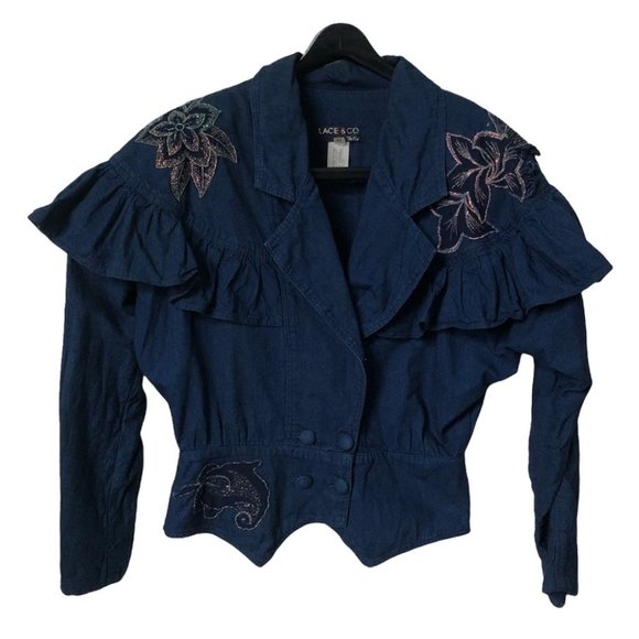 Vintage Jackets & Blazers - Vintage 80s Lace & Co Ruffle Denim Sequin Ruffle Appliqué Jacket